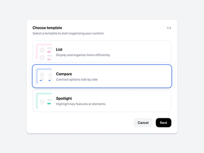 ✨ Choose template modal dashboard modal product design select selected state software design steps modal ui design user interface ux design