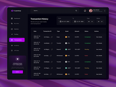 Crypto Wallet Transactions Page app branding design graphic design illustration logo typography ui ux vector