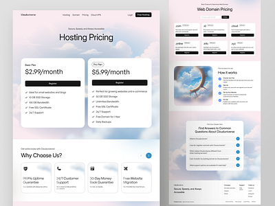 Clouduniverse - Hosting and Domain Landing Page (Pricing) anime style blue domain dreamy effect faq footer hosting service landing page logo text pink testimonial top cloud hosting service ui design user interface web design
