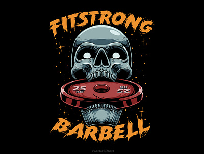 skull eating barbell illustration artwork barbell cartoon dark funny graphic design gym health horror merchband pop pop art skeleton skull skull head streetwear strong tshirt design