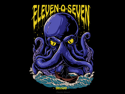 Kraken illustration for merch band boat cartoon dark horror illustration kaiju kraken merchband monster music ocean octopus pop pop art rock sea streetwear tshirt design waves