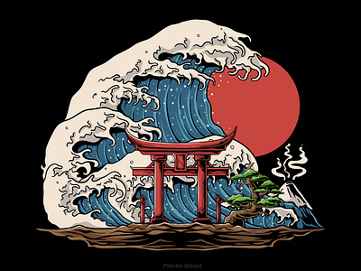 Japan Torii gate illustration for Dojo House apparel design artwork bonsai cartoon dojo graphic design great waves of kanagawa illustration japan japanese art merchband ocean pop pop illustration red gate sea streetwear torii gate tshirt design waves