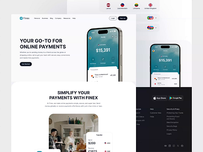 Finex - International Money Transfer Landing Page ai ai powered animation bank design finance fintech interface landing landing page minimalist mobile app modern saas software startup transfer ui web design website