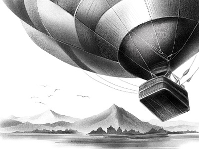 Graphic illustration. Air balloon airballoon article blackwhite charcoal graphic illustration landscape mountains pencil вкфцштп