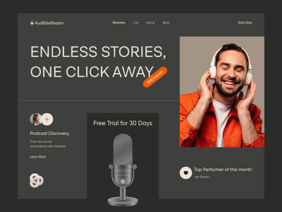 Podcast Landing Page Design app branding design episodes figma landing landing page music music player podcast product design startup story telling subcription ui ux web web app web design website