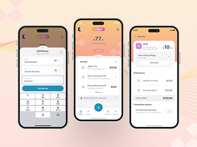 Money Maintenance & Tracking App activity add money atm history ios mobile app money maintenance app total balance tracking ui upgrade