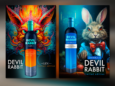Package Design and Visual Identity for Gin Brand abstract bottle design branding colourful devil rabbit gin illustration package design poster rabbit design