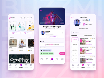 Buzzmi socializing and fitness app - marketplace challenge coach creator event fitness hobbies interests marketplace shop shopping social media socializing sport strength subscription ui ux workout yoga