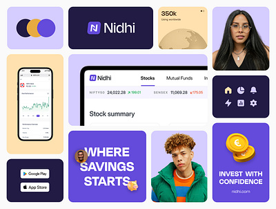 Nidhi - Fintech Branding 2d 3d bento cards color fintech font graphics design icons logo menu bar mockups modals mutualfund product design resposive stock ui ux