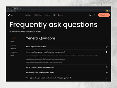 Roin website. FAQ page design faq logistic ui ux website