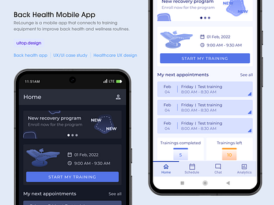 How we did a back health mobile app UX/UI design case study dashboard design figma health software healthcare mobile app mobile design relounge saas ui uitop uiux ux