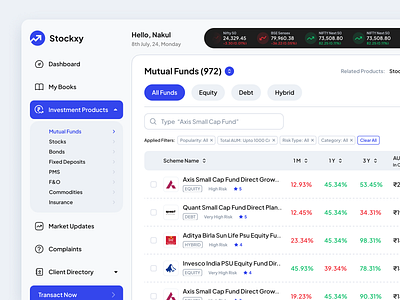 Mutual Fund - Dashboard analytics clean ui dashboard data table filter interactive mutual fund pagination share market sidebar ux