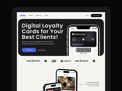 Fresh Website for Midlo: Digital Loyalty Cards black blue branding design flat gradient graphic design gray minimal mobile app mockups responsive typography ui ux white