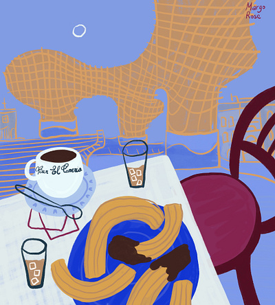 breakfast in seville advertising advertisingillustration brand identity branding breakfast cafe churros city coffee concept art dessert editorial food illustration morning setas de sevilla spain still life sweet treat travel