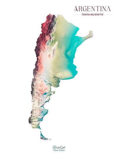 Argentina - Elevation tint (Rainbow) 3d argentina blender 3d cartography cartography art custom map custom maps data visualization digital art geospatial data graphic design map design map illustration photoshop poster design qgis shaded relief south america