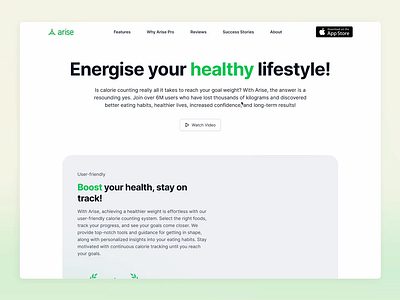 Arise ✦ Landing Page about animation arise branding color design diet fitness gradiant health interaction design landing landing page typography ui web webpage website