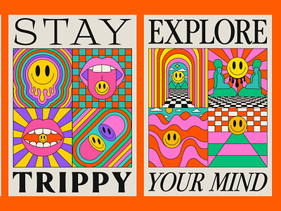 Cool Y2K Trippy Posters. Acid Smile Graphics. 90s abstract acid art colorful cool design groovy illustration lsd melting pattern placard poster psychedelic rave smile trendy trippy y2k