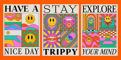 Cool Y2K Trippy Posters. Acid Smile Graphics. 90s abstract acid art colorful cool design groovy illustration lsd melting pattern placard poster psychedelic rave smile trendy trippy y2k