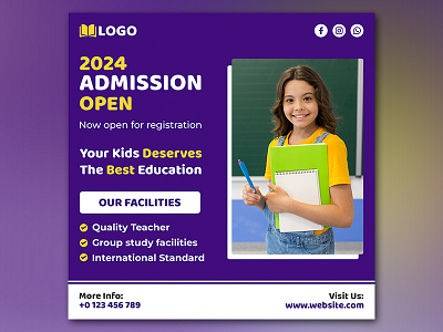 Admission Open Social Media Post Template | Premium PSD Download admission 2024 admission open advertisement back to school creative design design education education post enroll now graphic design learning photoshop school school admission post school banner school post school poster social media post template