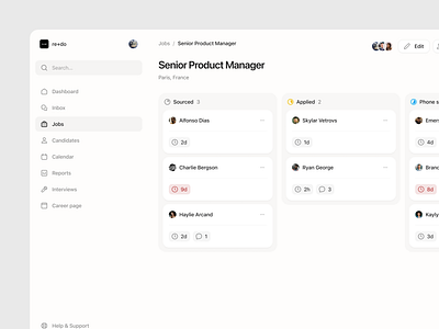 Talent pipeline applicant ats board candidates columns kanban list minimalist pipeline product design saas talents tracking ui ux