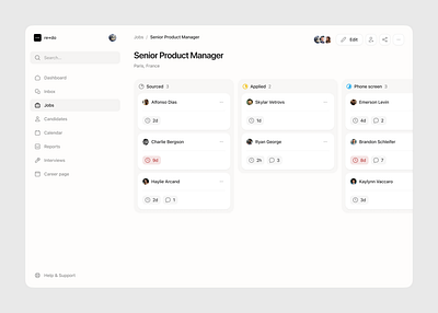 Talent pipeline applicant ats board candidates columns kanban list minimalist pipeline product design saas talents tracking ui ux