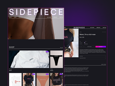 E-commerce | Home, product page buy cart catalogue clothes clothing concept dark theme design designinspiration ecommerce inspiration online shop product page purple shop ui ux