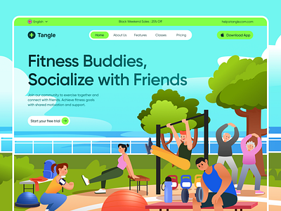 Tangle-Fitness Website Header Concept 2d illustration agency branding dashboard fitness graphic design gym header health homepage illustration illustration app landing page sport ui ux vector web web app workout