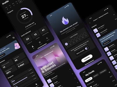 Lessons, Chapters, Streaks, and User Profiles ai clean creativity dark edtech education elegant figma inspiration interface learning mobile mobile app mobile ui modern product design purple school ui ux