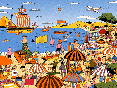 Beach 2d andres lozano character digital drawing folioart illustration landscape line pattern search and find summer wheres wally