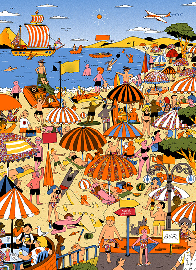 Beach 2d andres lozano character digital drawing folioart illustration landscape line pattern search and find summer wheres wally