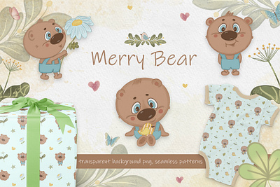 Merry Bear Illustrations babyanimals bearclipart branding clipart design drawing floralpattern funanimalillustration handdrawn illustration kidsillustration nurseryanimals pattern picture seamlesspattern veryperi