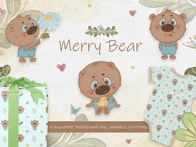 Merry Bear Illustrations babyanimals bearclipart branding clipart design drawing floralpattern funanimalillustration handdrawn illustration kidsillustration nurseryanimals pattern picture seamlesspattern veryperi