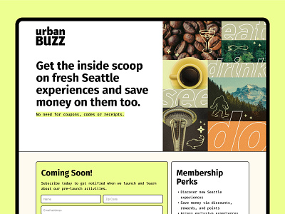 Urban Buzz: Web Design brutalism colorful community flat hero highlight illustration membership neo brutalism neo brutalist seattle ui ux vector web web design website yellow