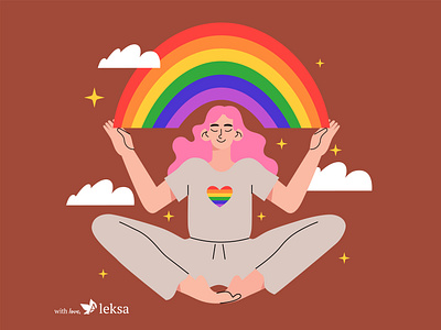 LGBT+ girl in lotus position with rainbow. animation branding colorful illustration design doodle doodle illustration doodle style flat illustration graphic design icon illustration illustration for pride month lgbt lgbt illustration logo typography vector vector illustration