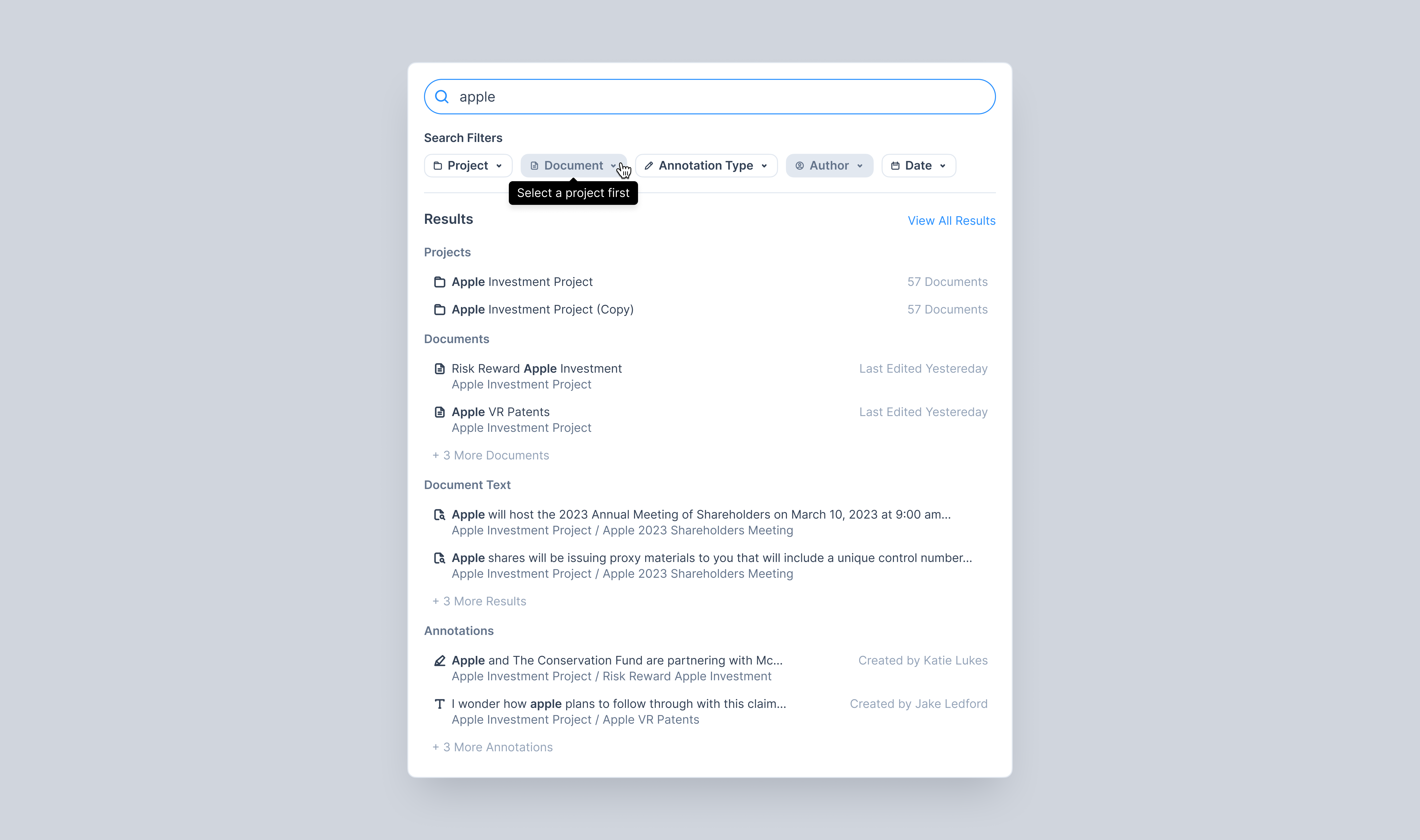 Advanced Search advanced search annotation card documentation filters innovatemap projects results search search filtering search results ui