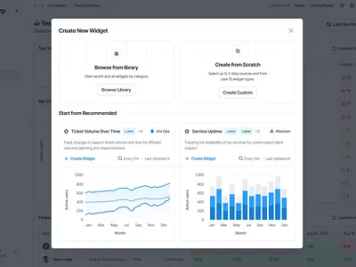 Create New Widget Modal browse from library card chart create new dashboard graph modal msp security start from scratch ui widget workflow