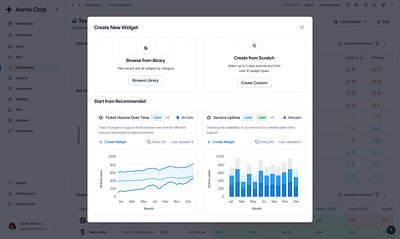 Create New Widget Modal browse from library card chart create new dashboard graph modal msp security start from scratch ui widget workflow