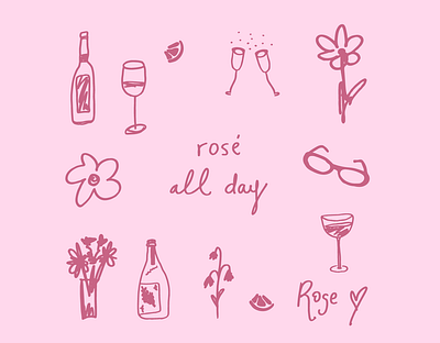 rose all day brand identity brand illustrator branding branding inspo cheers flower vase flowers graphic design illustration illustration artist lemons logo pattern design rose rose all day weekend vibes wine wine bottles wine glass wines