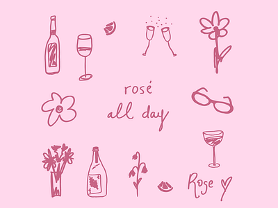 rose all day brand identity brand illustrator branding branding inspo cheers flower vase flowers graphic design illustration illustration artist lemons logo pattern design rose rose all day weekend vibes wine wine bottles wine glass wines