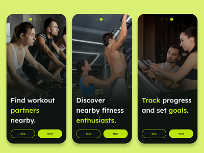 FitBuddy Mobile App Design - Gym Buddy Finder app design gym app gym welcome screens mobile app design product design starting screens stats ui ui design user experience user interface ux design web design website design welcome screens