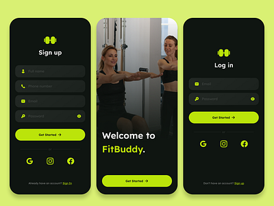 FitBuddy Mobile App Design - Gym Buddy Finder app design gym app gym buddy app login screen mobile app design product design saas sign up screen ui ui design user experience user interface ux design welcome screen