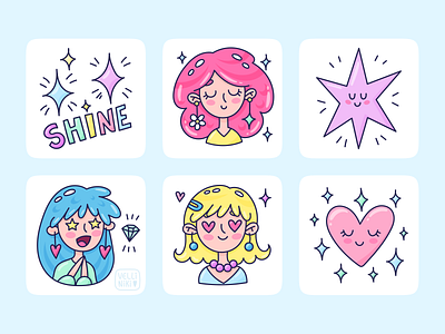 Doodle stickers with characters for Jewelry. Illustrations art artist branding cartoon character colorful concept design emotion female girl girly heart illustration star sticker vector woman
