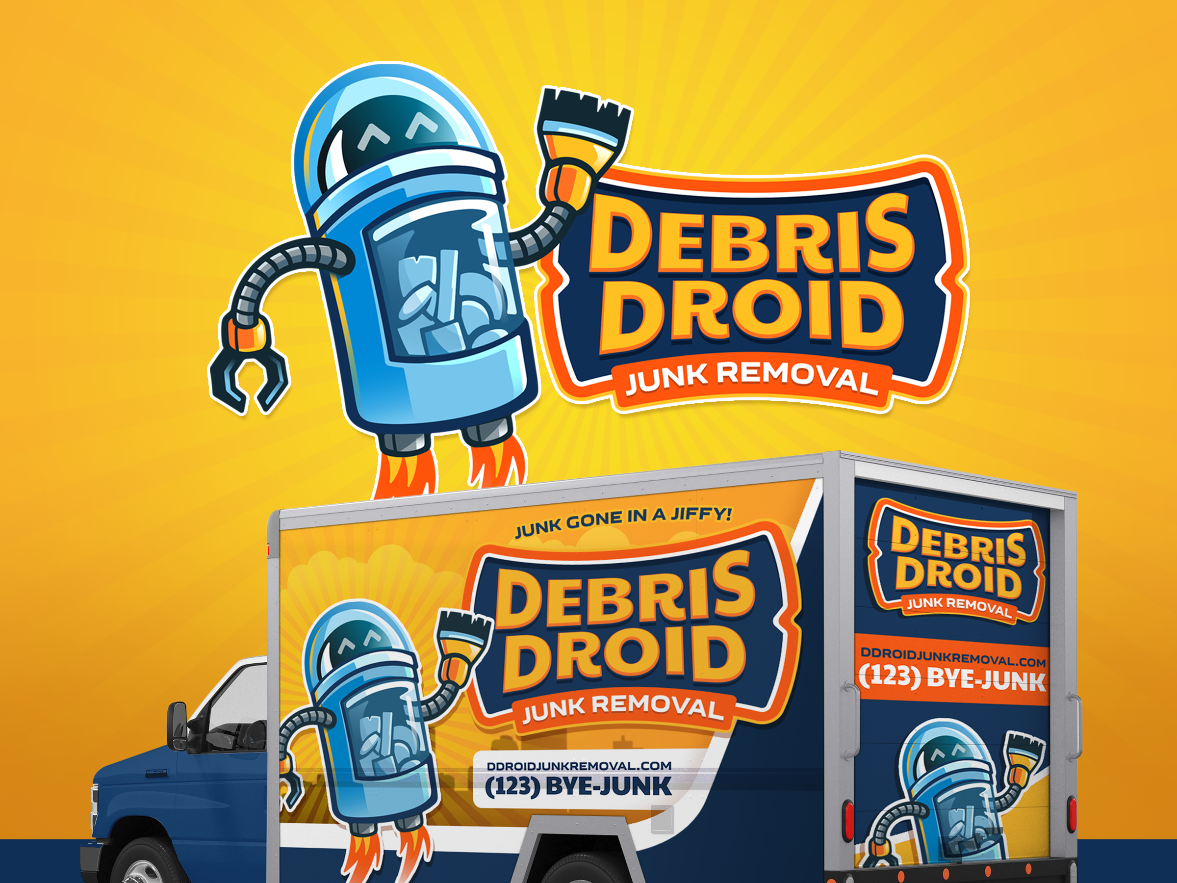 DEBRIS DROID JUNK REMOVAL, ROBOT MASCOT LOGO bold branding gaming logo hvac hvac logo illustration junk removal logo mascot logo plumbing logo vehicle wraps
