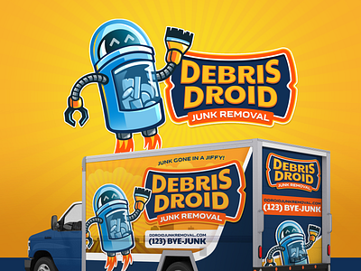 DEBRIS DROID JUNK REMOVAL, ROBOT MASCOT LOGO bold branding gaming logo hvac hvac logo illustration junk removal logo mascot logo plumbing logo vehicle wraps