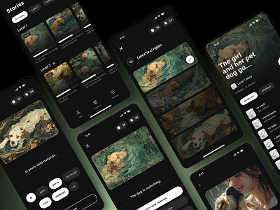 Learning A Language Through Stories ai android app colorful creative dark design education elegant green inspiration ios minimal mobile mobile app product product design tech ui ux