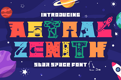 Astral Zenith – Star Space Font astronomical branding business font colorful crafting creative display font film galactic font greeting card illustration magazine packaging font playful poster font product design satellite star space sticker design ufo font