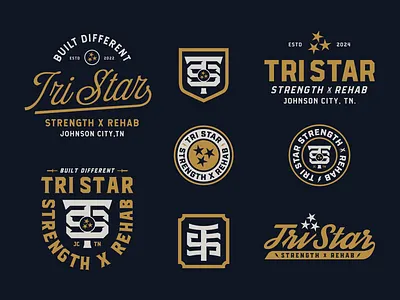 TRI STAR DESIGN KIT badge badge design brand design brand identity branding branding kit fitness graphic design gym illustration logo logo design logotype monogram typography vector visual brand visual identity