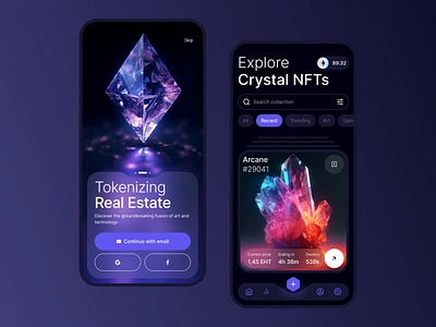 Crystal NFT marketplace App 3d app app design crypto crystal dark mode ecommerce emerald glass homepage jewellery luxury meta metals metals motion graphics nft ui uiux ux web design