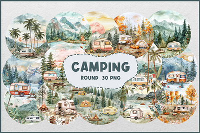 Camping watercolor clipart, camping sublimation 3d animation graphic design motion graphics ui