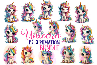 Cute Baby Unicorn T-Shirt Sublimation 15 PNG Designs Bundle 3d animation logo motion graphics ui